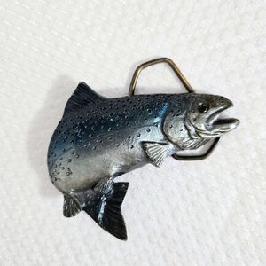 Vtg Curved Bass Peg Belt Buckle Indiana Metal Craft 1978 Blue Leaping Fish Hunt